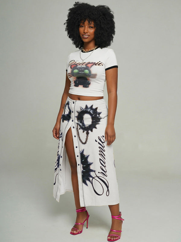 Graphic Crop Top Slit Skirt Set