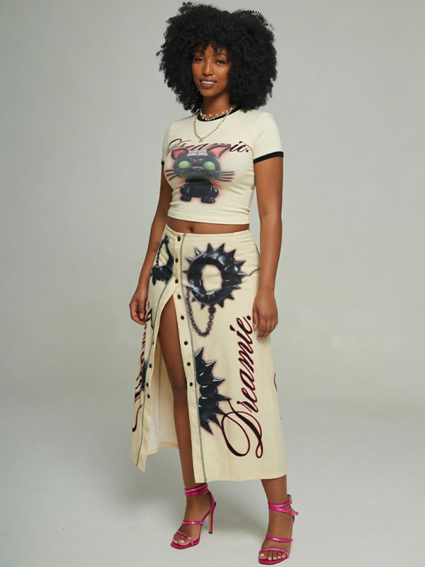 Graphic Crop Top Slit Skirt Set