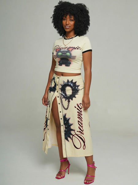 Graphic Crop Top Slit Skirt Set