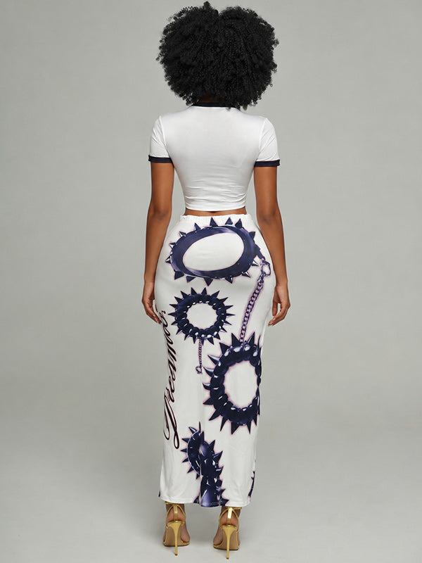 Graphic Crop Top Slit Skirt Set
