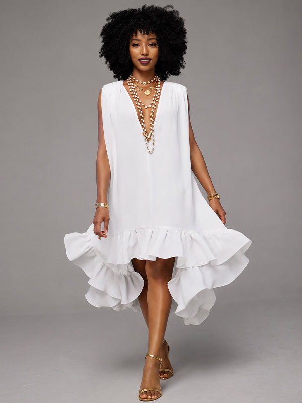 V-Neck Sleeveless Ruffle Dress