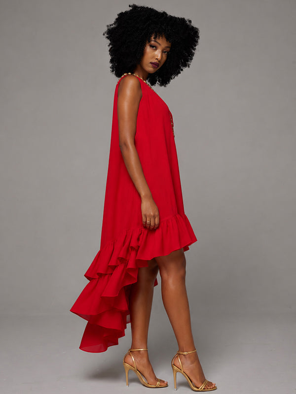 V-Neck Sleeveless Ruffle Dress