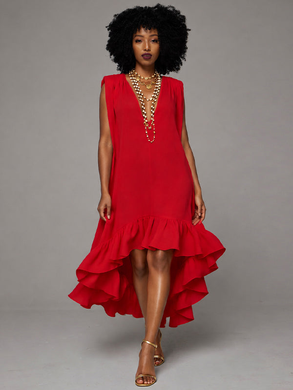 V-Neck Sleeveless Ruffle Dress