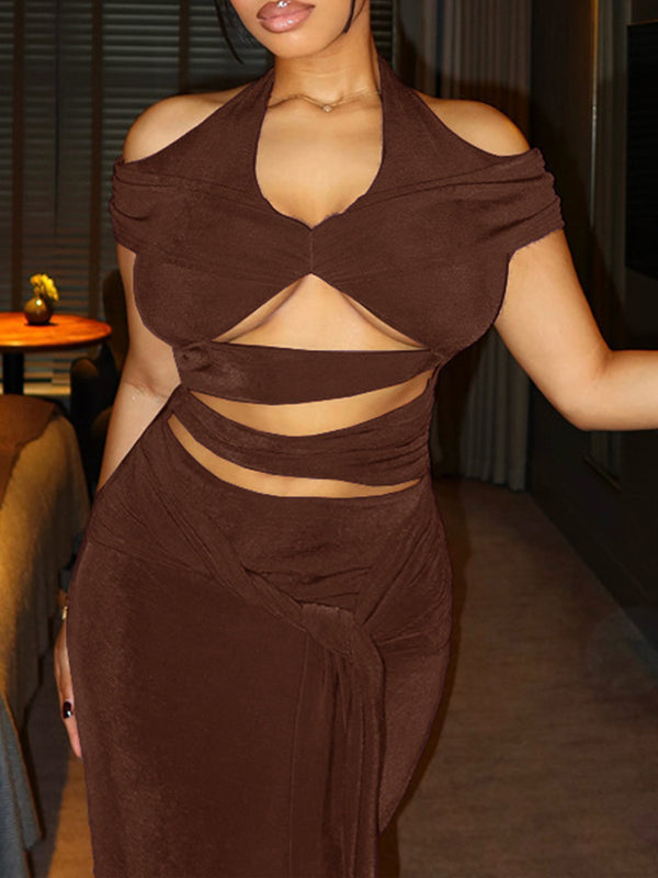 Solid Cutout Halter Dress