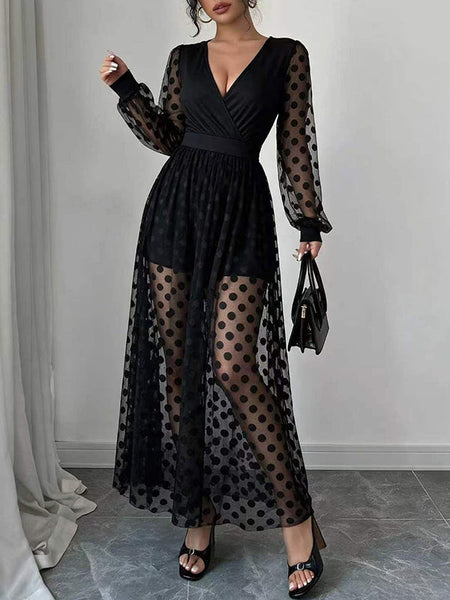 Dot V-Neck Sheer Dress