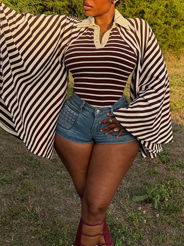 Stripe Bell-Sleeve Polo Top