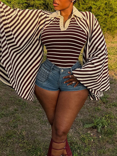 Stripe Bell-Sleeve Polo Top