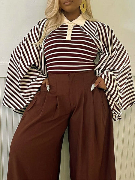 Stripe Bell-Sleeve Polo Top