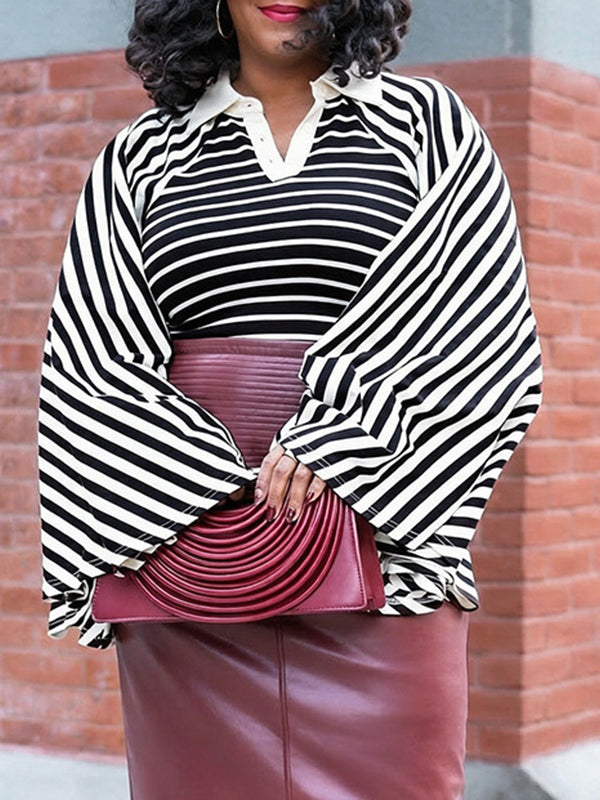 Stripe Bell-Sleeve Polo Top