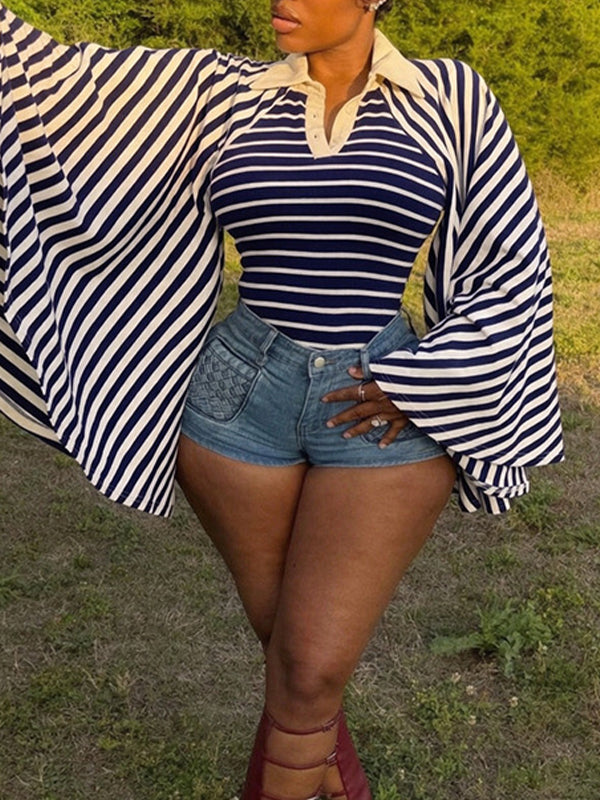 Stripe Bell-Sleeve Polo Top