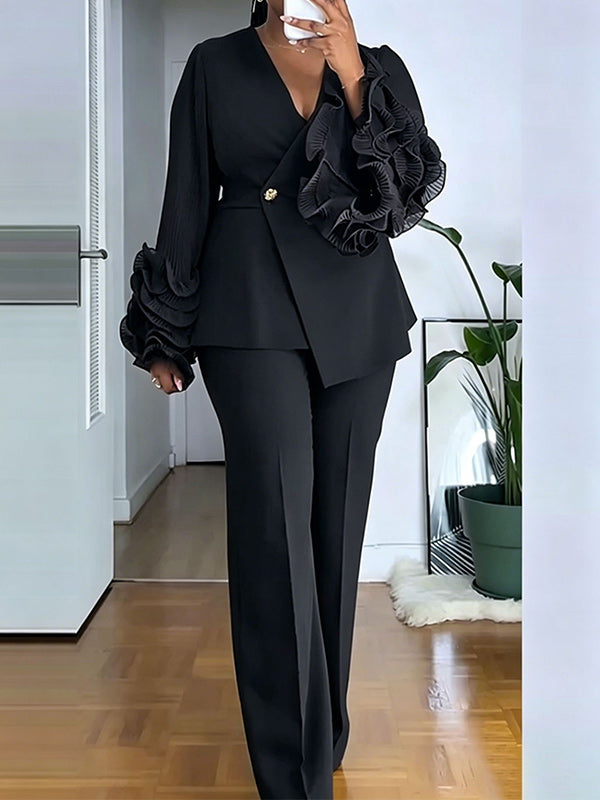 Ruffle-Sleeve Blazer & Pants Set