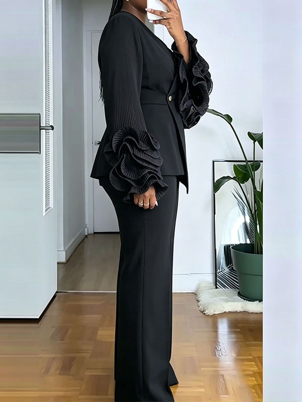 Ruffle-Sleeve Blazer & Pants Set
