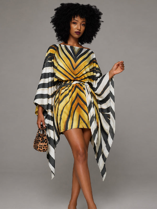 Printed Batwing-Sleeve Tied Dress