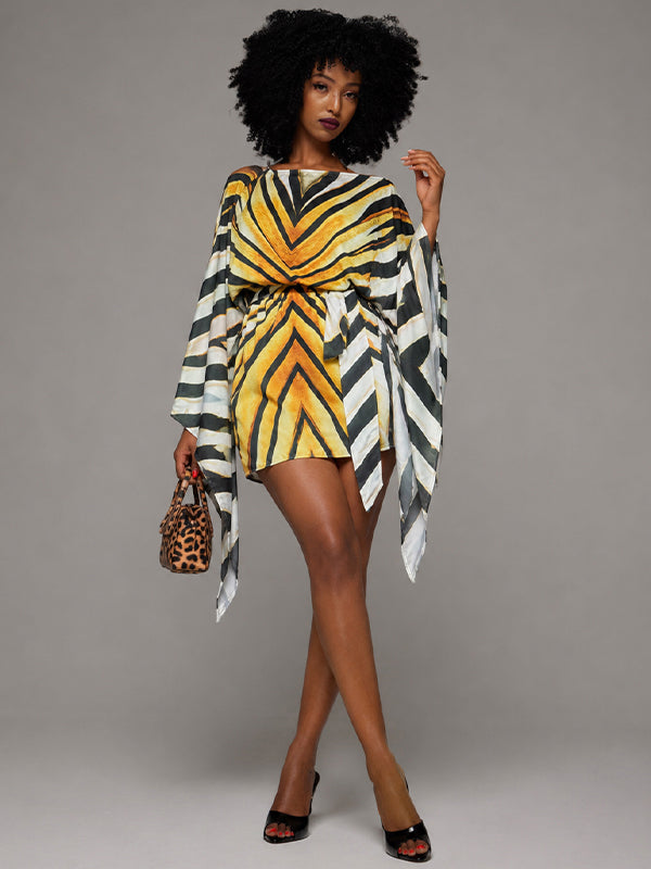 Printed Batwing-Sleeve Tied Dress
