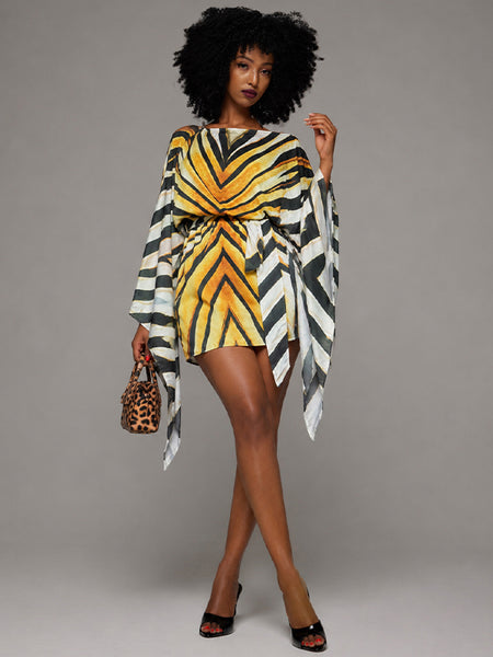 Printed Batwing-Sleeve Tied Dress