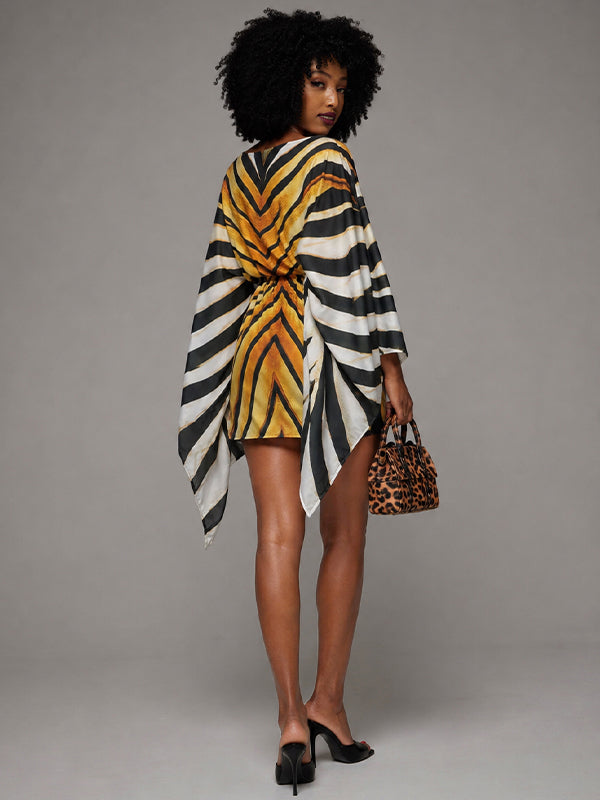 Printed Batwing-Sleeve Tied Dress