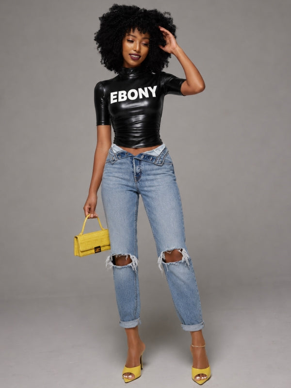 Letter-Print Faux-Leather Top