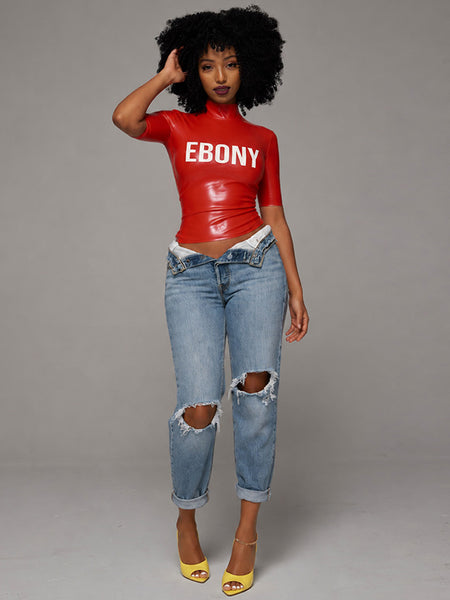 Letter-Print Faux-Leather Top