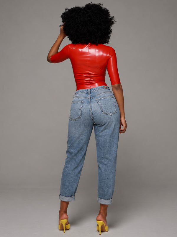 Letter-Print Faux-Leather Top