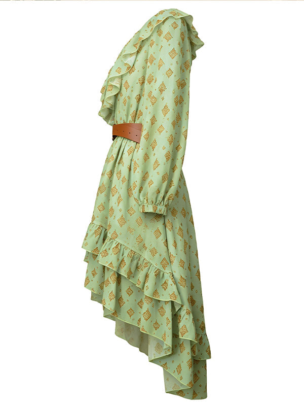 Printed V-Neck Ruffle Dress