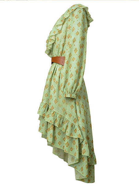 Printed V-Neck Ruffle Dress