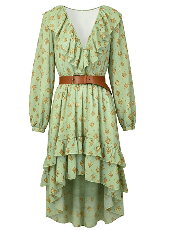 Printed V-Neck Ruffle Dress