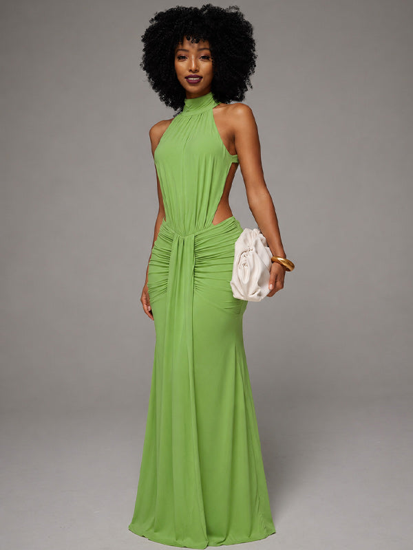 Solid Ruched Open-Back Sleeveless Dress