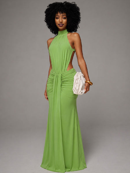 Solid Ruched Open-Back Sleeveless Dress