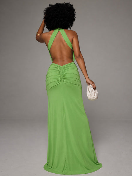 Solid Ruched Open-Back Sleeveless Dress