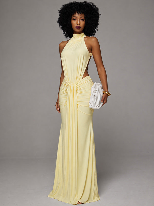 Solid Ruched Open-Back Sleeveless Dress