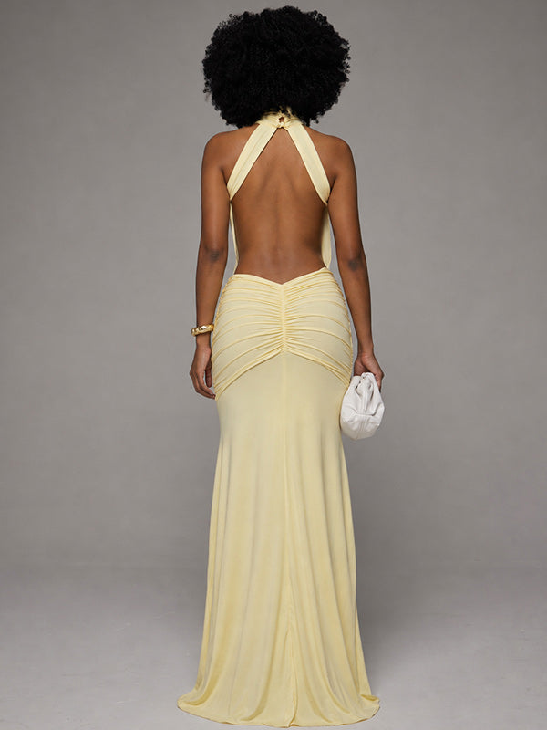 Solid Ruched Open-Back Sleeveless Dress