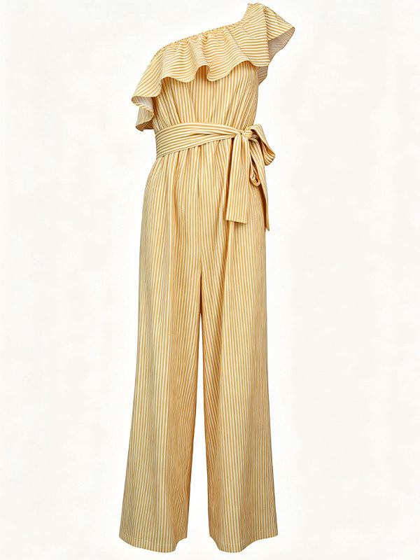 Stripe Ruffle One-Shoulder Tied Jumpsuit