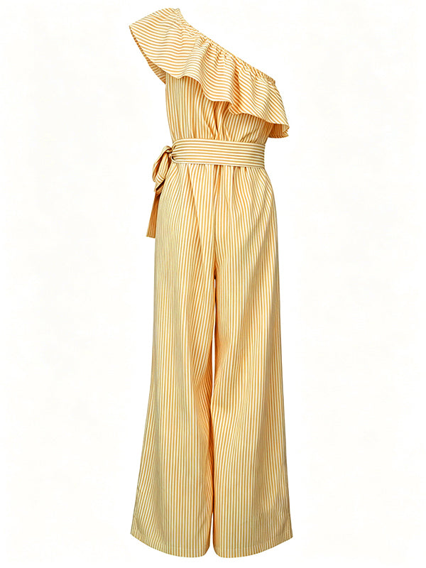 Stripe Ruffle One-Shoulder Tied Jumpsuit