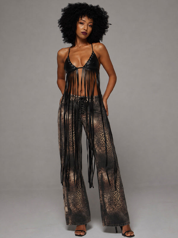 Faux-Leather Fringe Halter Top