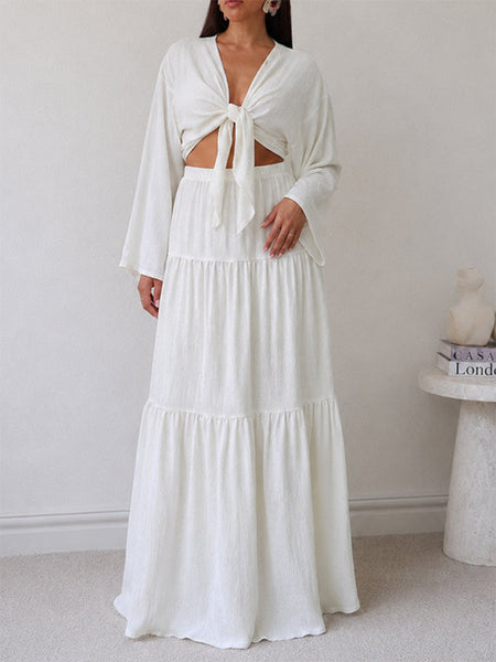 V-Neck Tied Top & Skirt Set