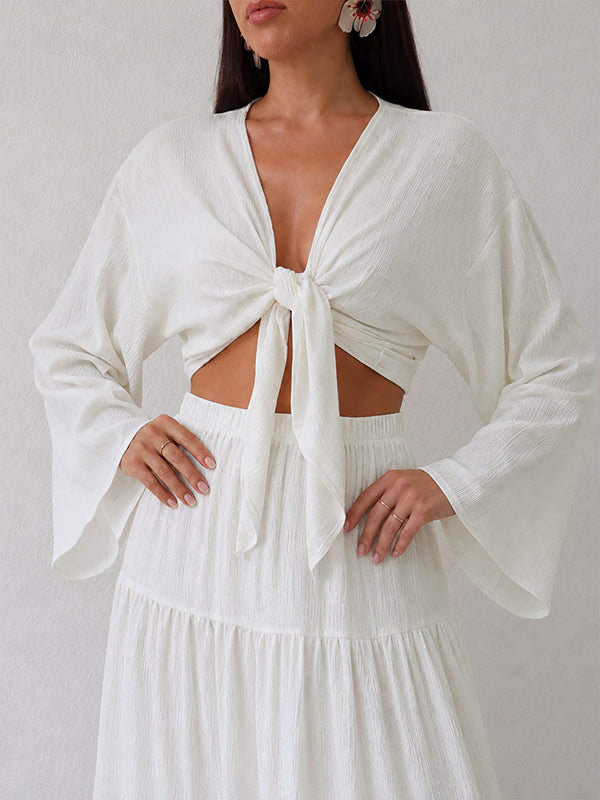 V-Neck Tied Top & Skirt Set