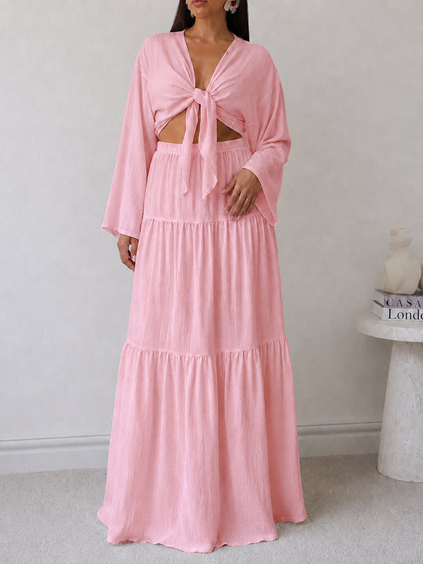 V-Neck Tied Top & Skirt Set
