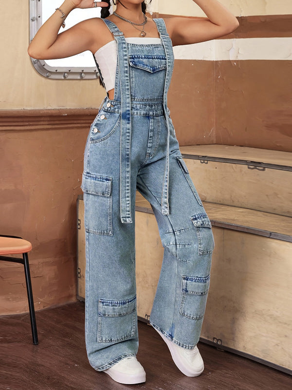 Denim Sleeveless Cargo Jumpsuit