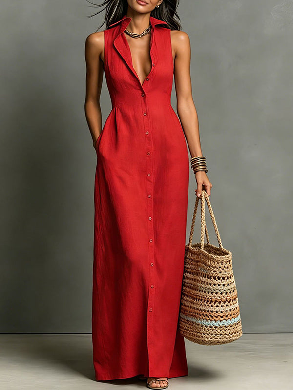 Button-Front Sleeveless Dress