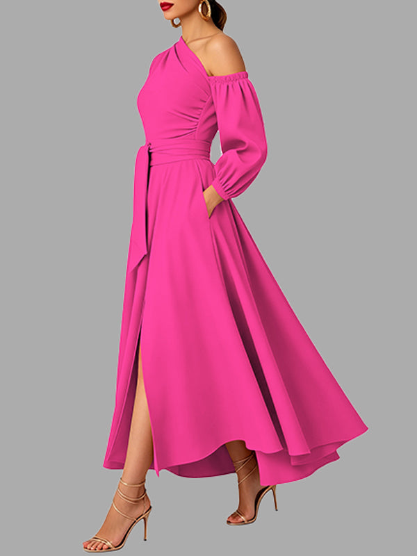 Solid Boat-Neck Tied Dress