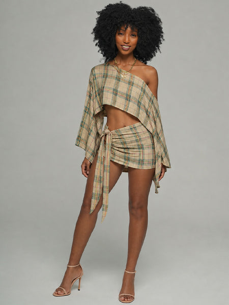 Plaid Boat-Neck Top & Skirt Set