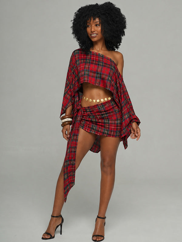 Plaid Boat-Neck Top & Skirt Set