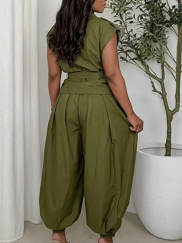 Solid Belted Top & Jogger Pants Set