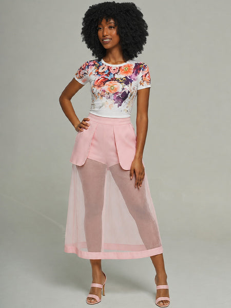 Printed Tee & Sheer Combo Skirt Set