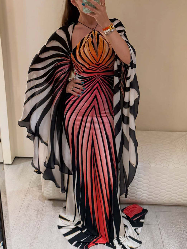 Printed Batwing-Sleeve Maxi Dress