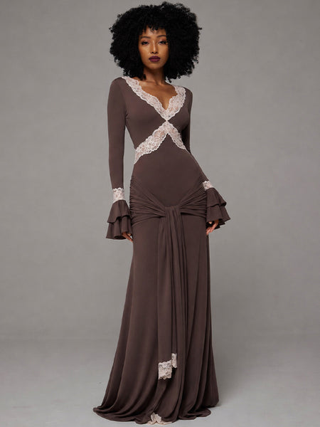 Lace-Combo V-Neck Maxi Dress