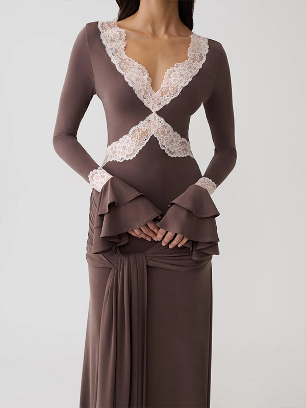 Lace-Combo V-Neck Maxi Dress