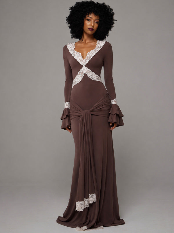 Lace-Combo V-Neck Maxi Dress