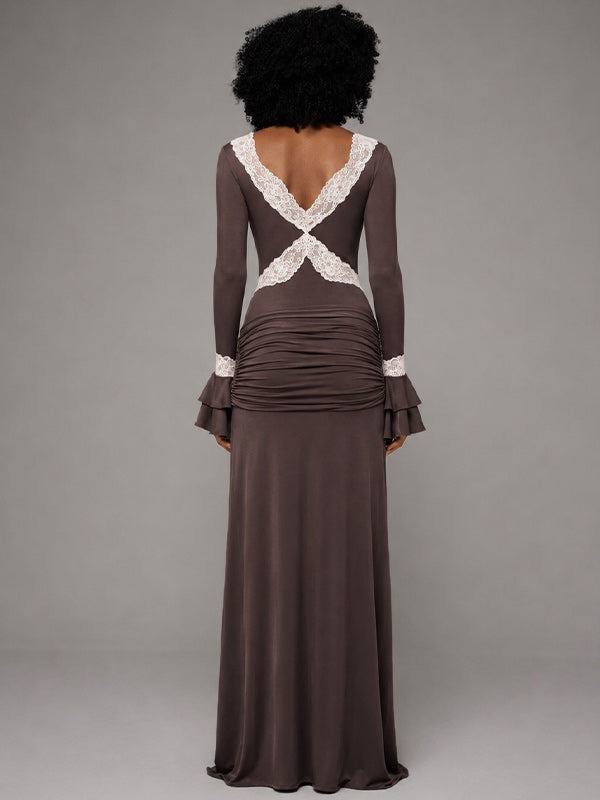 Lace-Combo V-Neck Maxi Dress