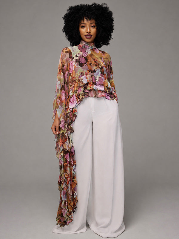 Floral Ruffle Cape Top